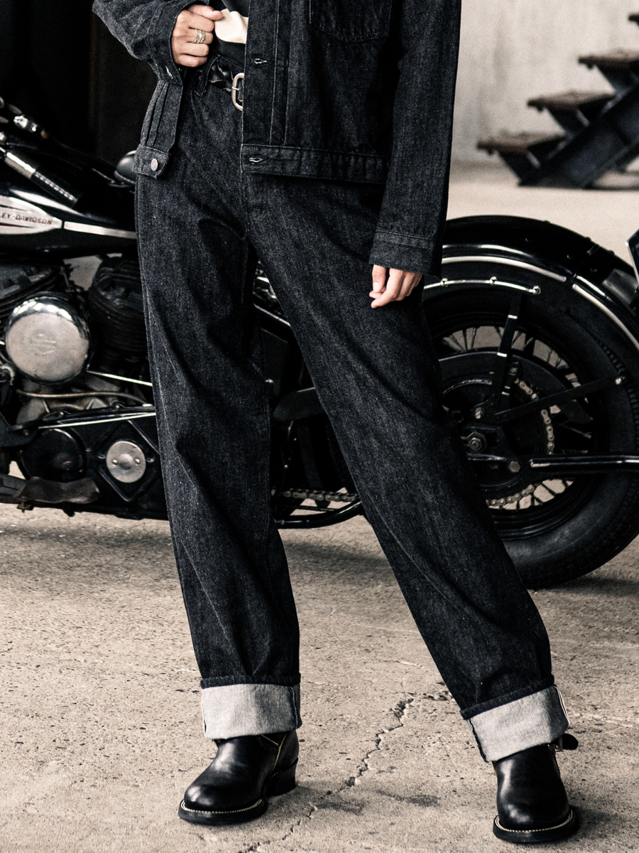 12.5oz ワイドテーパード ブラックデニムパンツ FN-PA-DB004