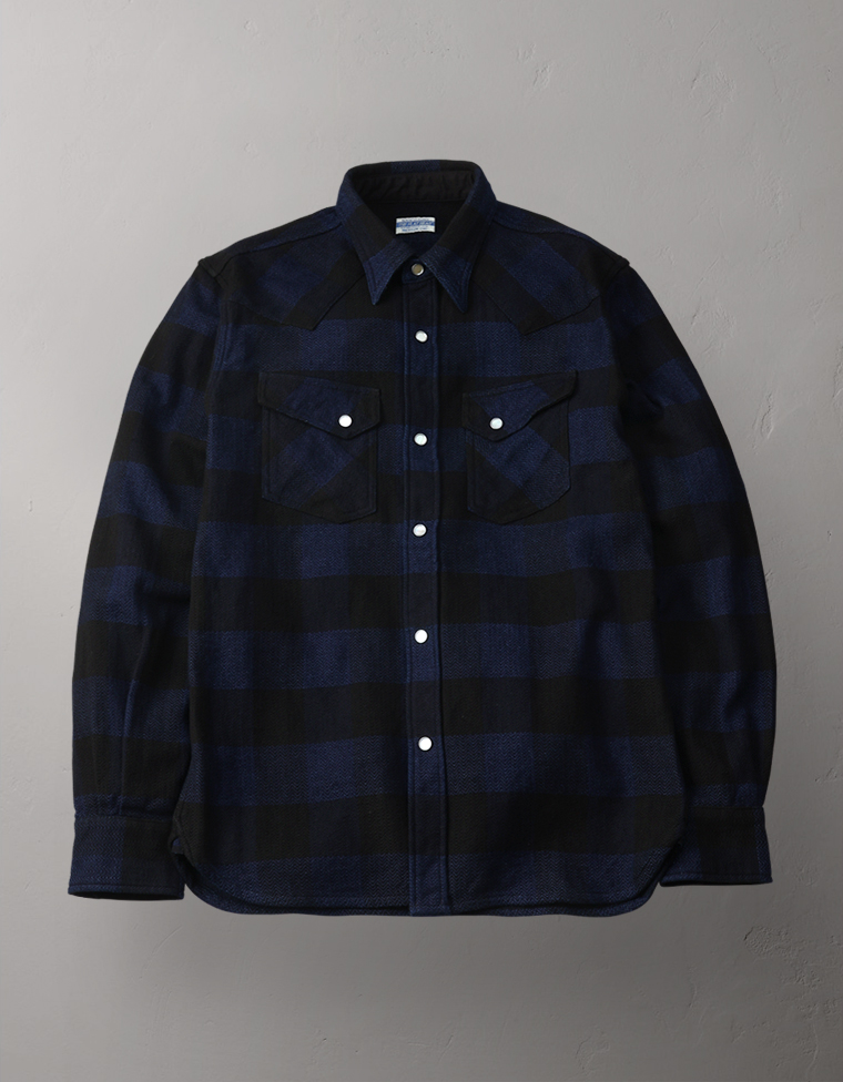 インディゴ ブロックチェック ネルウエスタンシャツ