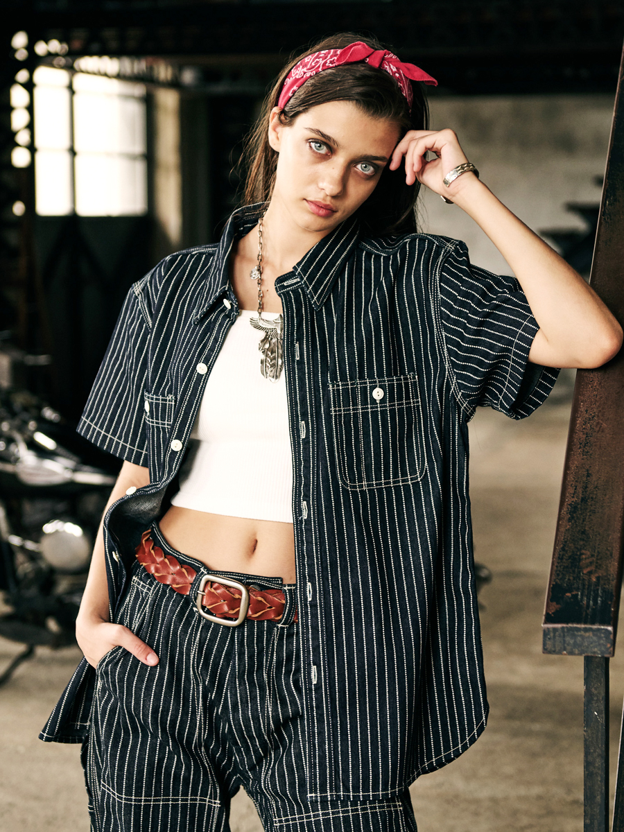 10oz デニム ウォバッシュ 半袖ワークシャツ FN-SDK-702S